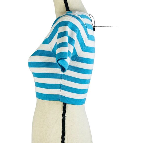 Zara Medium Cropped Top Striped Square Neck Knit Stretch Short Sleeve Teal Blue - Picture 4 of 6
